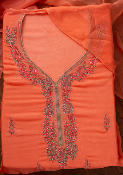Peach Silver Stonework Semi Crepe Designer Unstitched Salwar Suit - koskii
