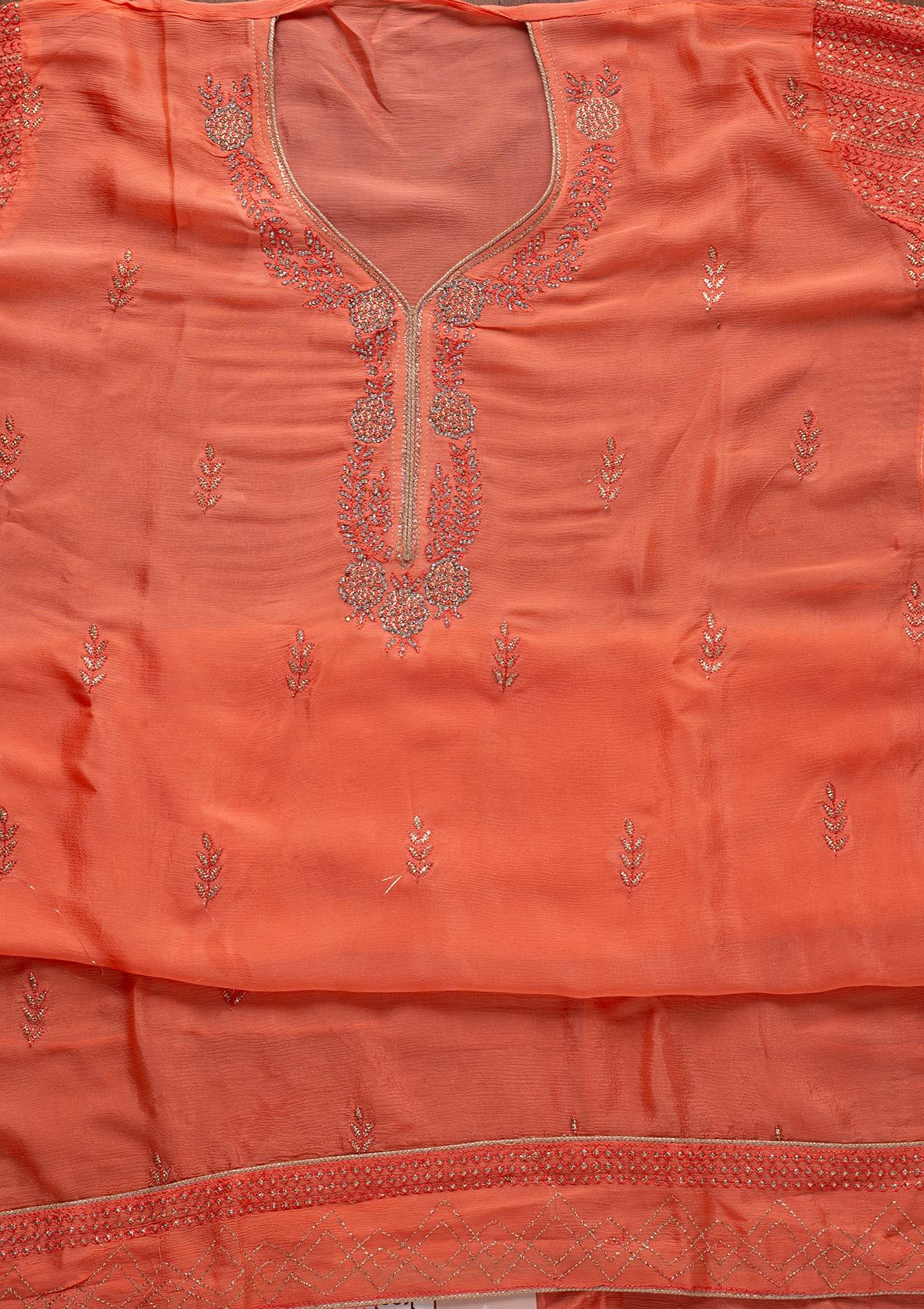 Peach Silver Stonework Semi Crepe Designer Unstitched Salwar Suit - koskii