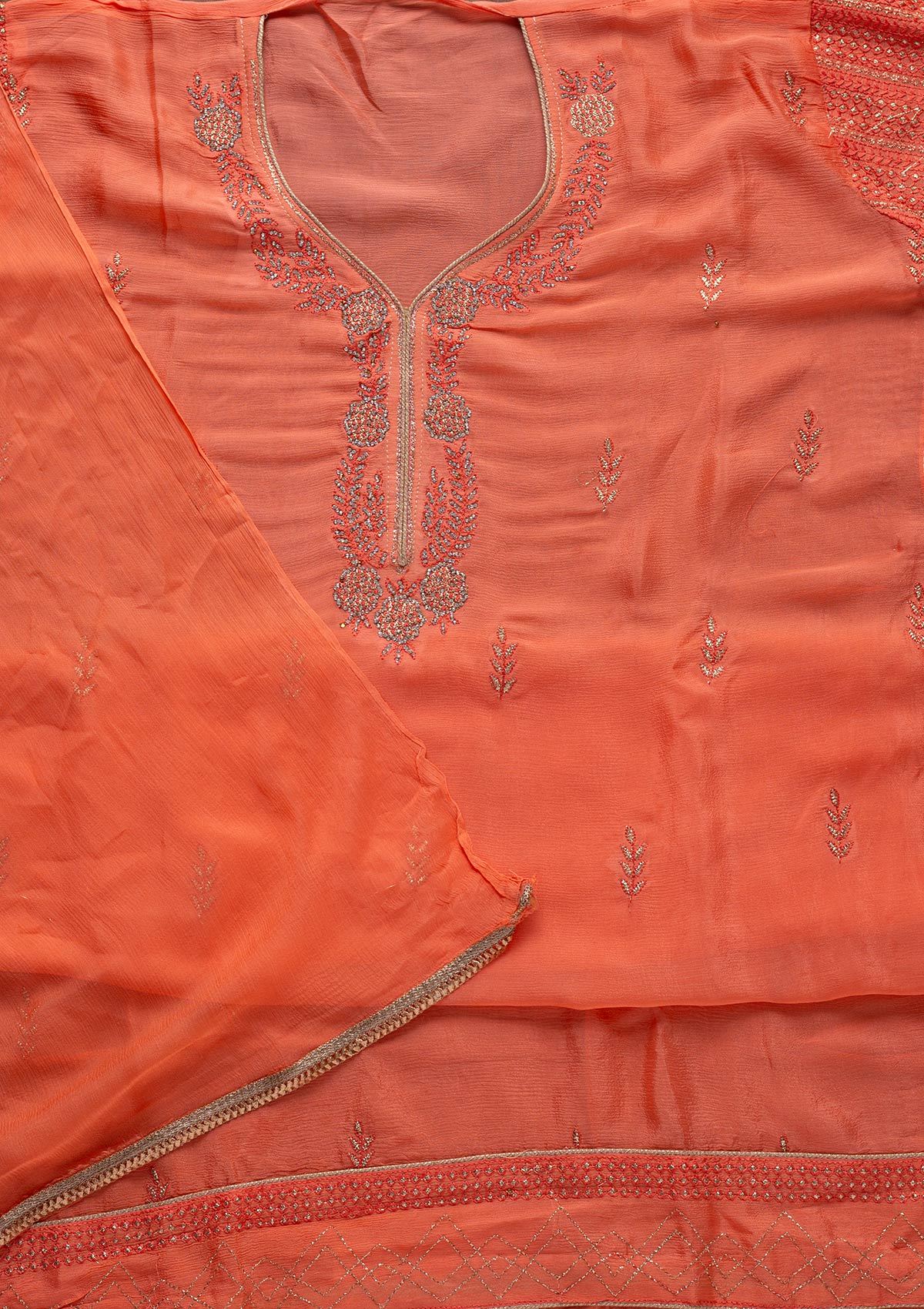 Peach Silver Stonework Semi Crepe Designer Unstitched Salwar Suit - koskii