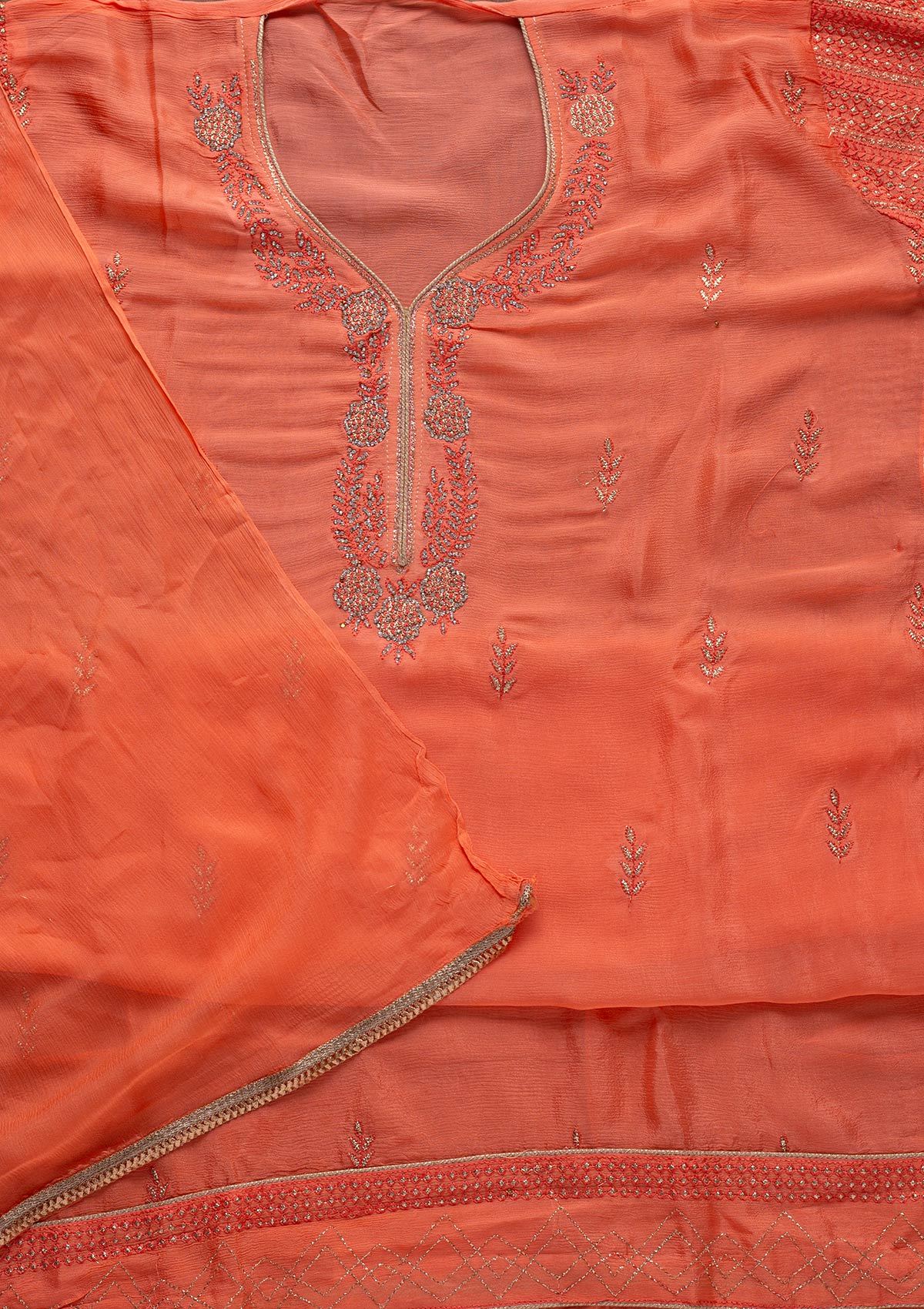 Peach Silver Stonework Semi Crepe Designer Unstitched Salwar Suit - koskii