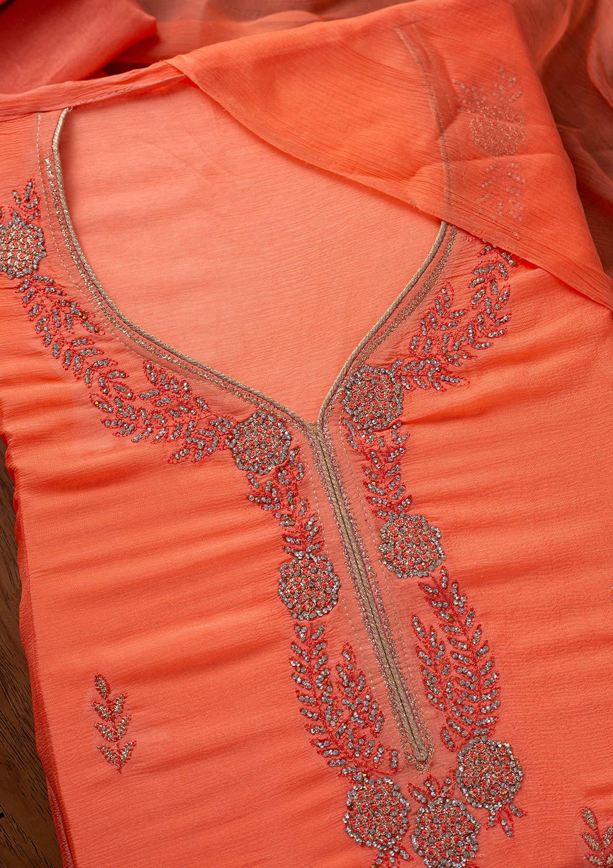 Peach Silver Stonework Semi Crepe Designer Unstitched Salwar Suit - koskii
