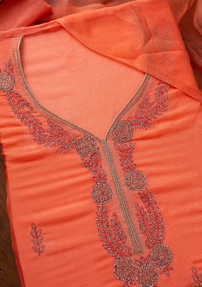 Peach Silver Stonework Semi Crepe Designer Unstitched Salwar Suit - koskii