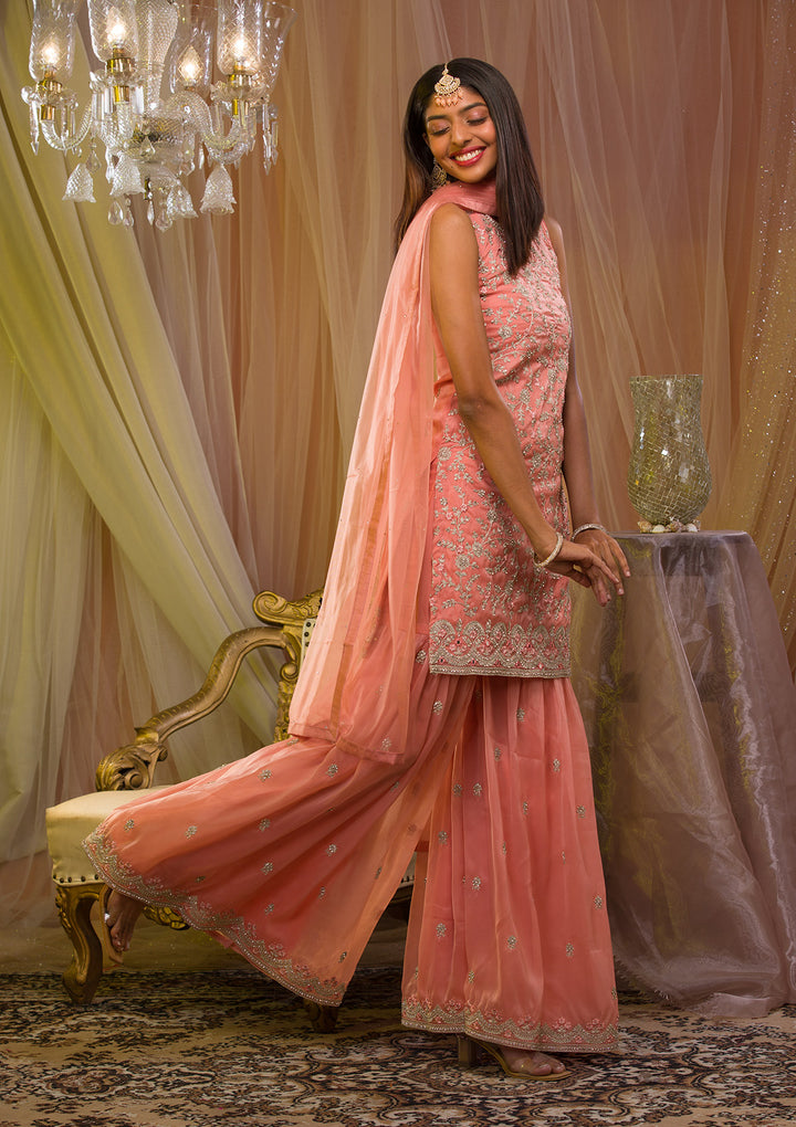 Peach Stonework Tissue Readymade Salwar Suit-Koskii