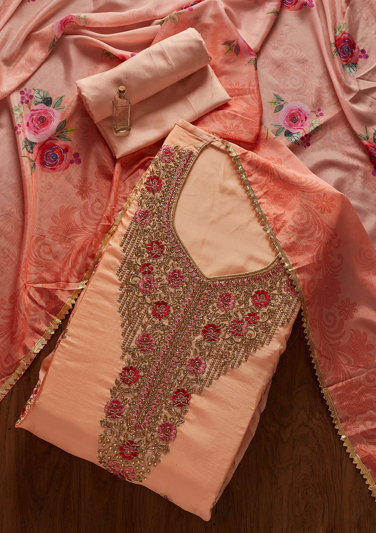 Peach Stonework Chanderi Designer Unstitched Salwar Suit - koskii