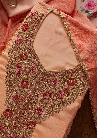 Peach Stonework Chanderi Designer Unstitched Salwar Suit - koskii