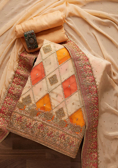 Peach Stonework Chanderi Designer Unstitched Salwar Suit - Koskii