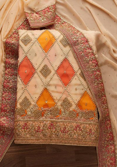 Peach Stonework Chanderi Designer Unstitched Salwar Suit - Koskii