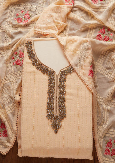 Peach Stonework Georgette Designer Unstitched Salwar Suit - koskii