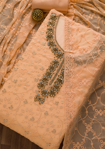Peach Stonework Georgette Unstitched Salwar Suit-Koskii