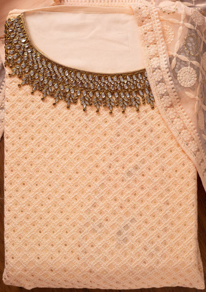 Peach Stonework Georgette Designer Unstitched Salwar Suit - koskii