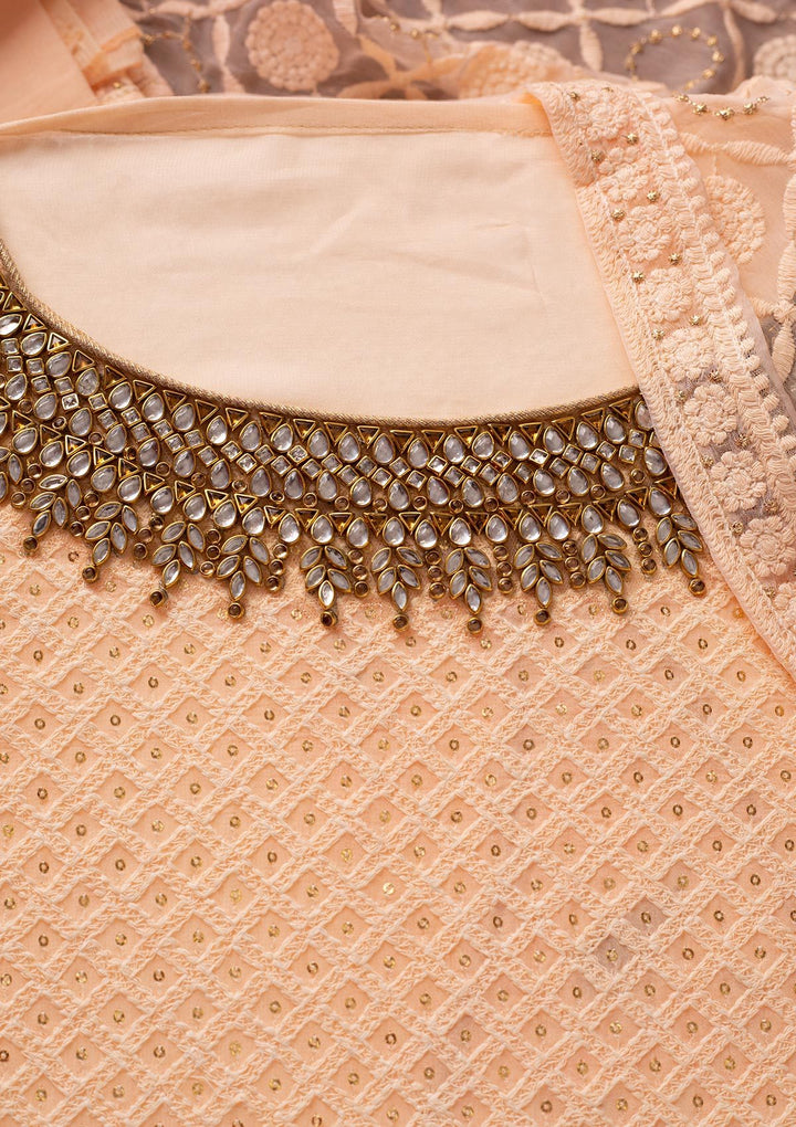 Peach Stonework Georgette Designer Unstitched Salwar Suit - koskii
