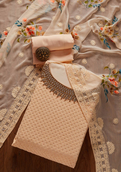 Peach Stonework Georgette Designer Unstitched Salwar Suit - koskii