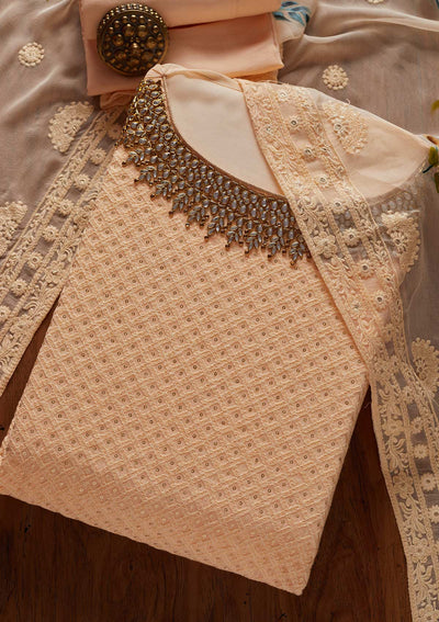 Peach Stonework Georgette Designer Unstitched Salwar Suit - koskii