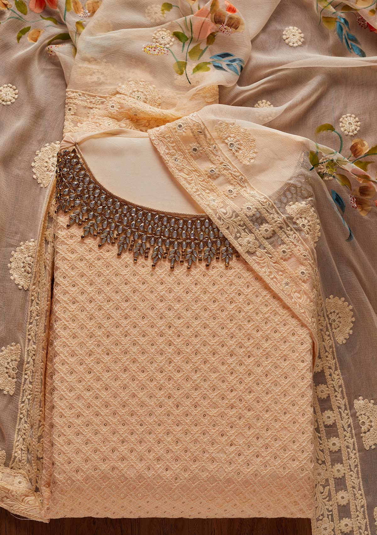 Peach Stonework Georgette Designer Unstitched Salwar Suit - koskii