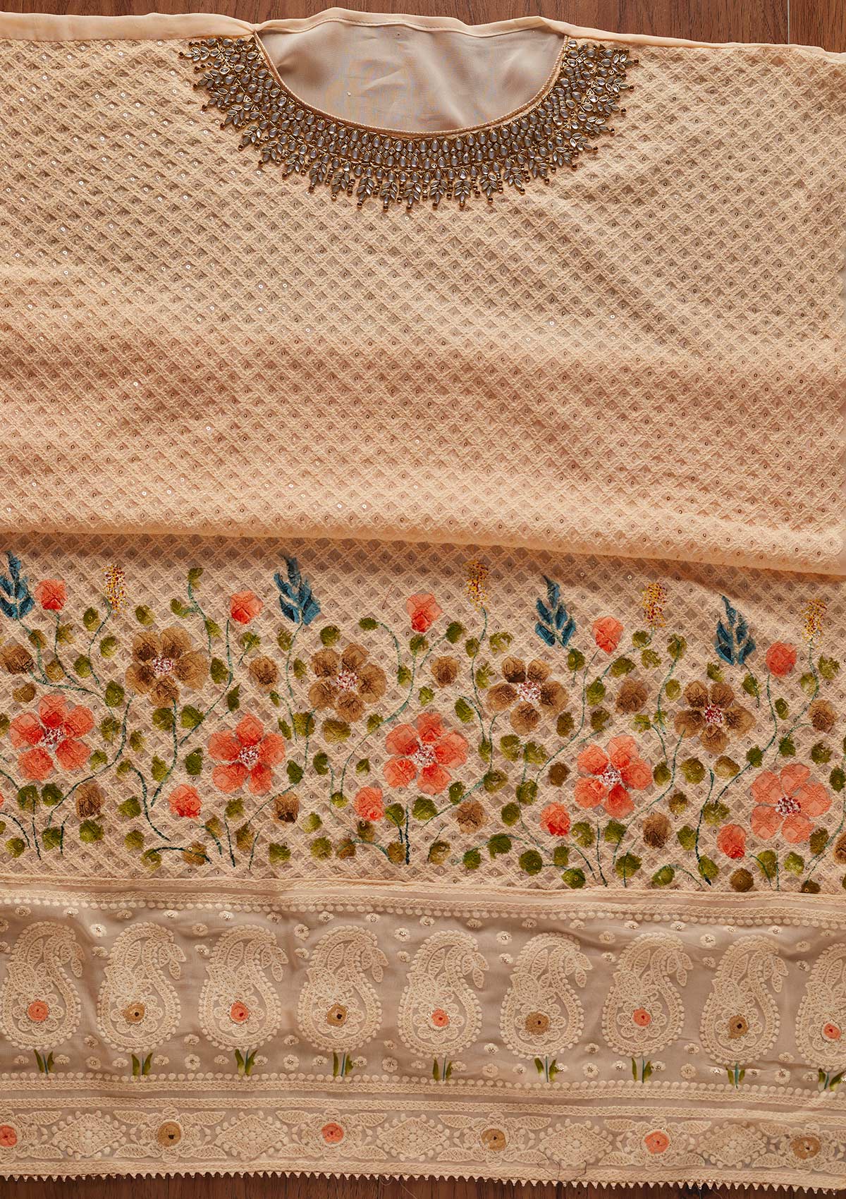 Peach Stonework Georgette Designer Unstitched Salwar Suit - koskii
