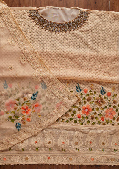 Peach Stonework Georgette Designer Unstitched Salwar Suit - koskii