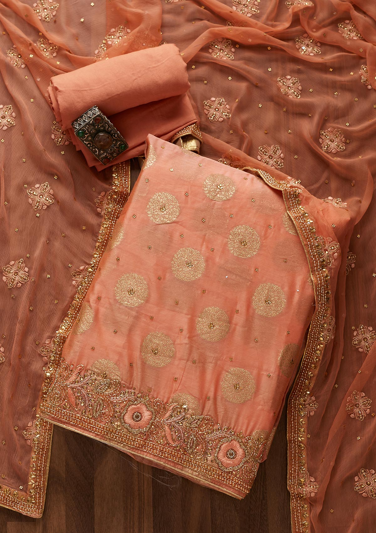 Peach Stonework Georgette Designer Unstitched Salwar Suit - Koskii