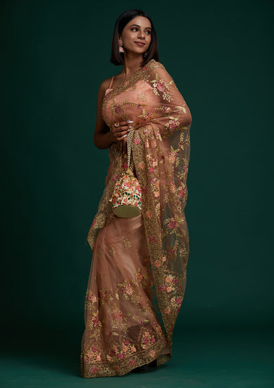 Peach Stonework Net Designer Saree- Koskii