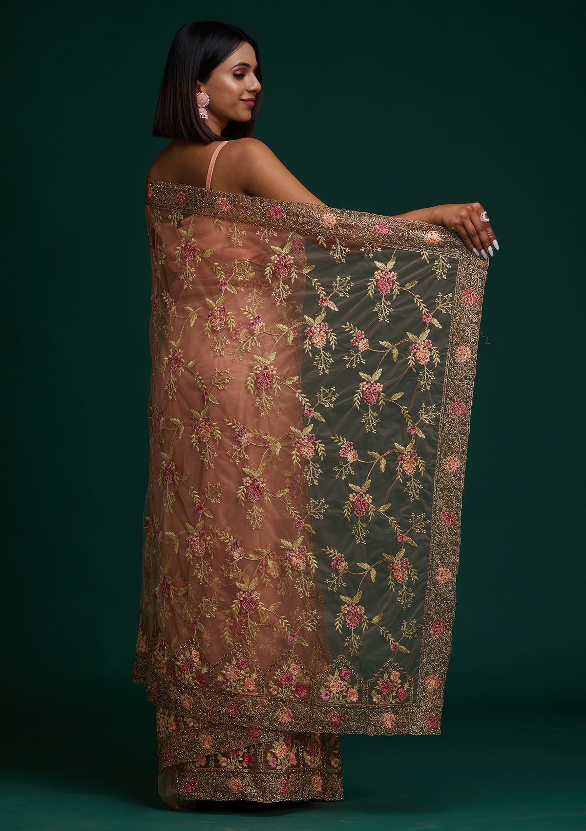 Peach Stonework Net Designer Saree - Koskii