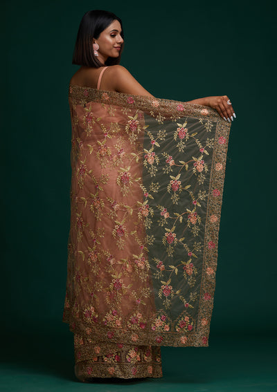 Peach Stonework Net Designer Saree - Koskii