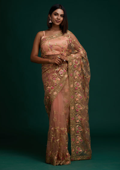 Peach Stonework Net Designer Saree - Koskii