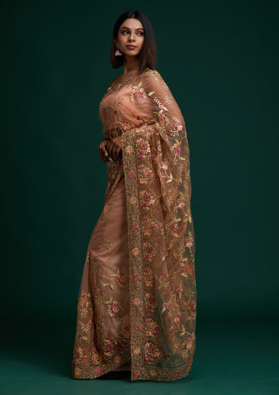 Peach Stonework Net Designer Saree - Koskii