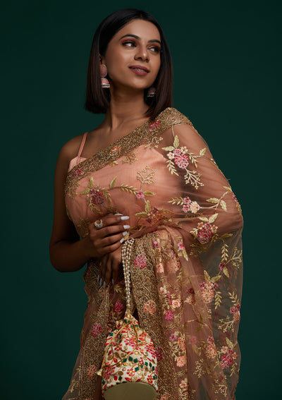 Peach Stonework Net Designer Saree - Koskii