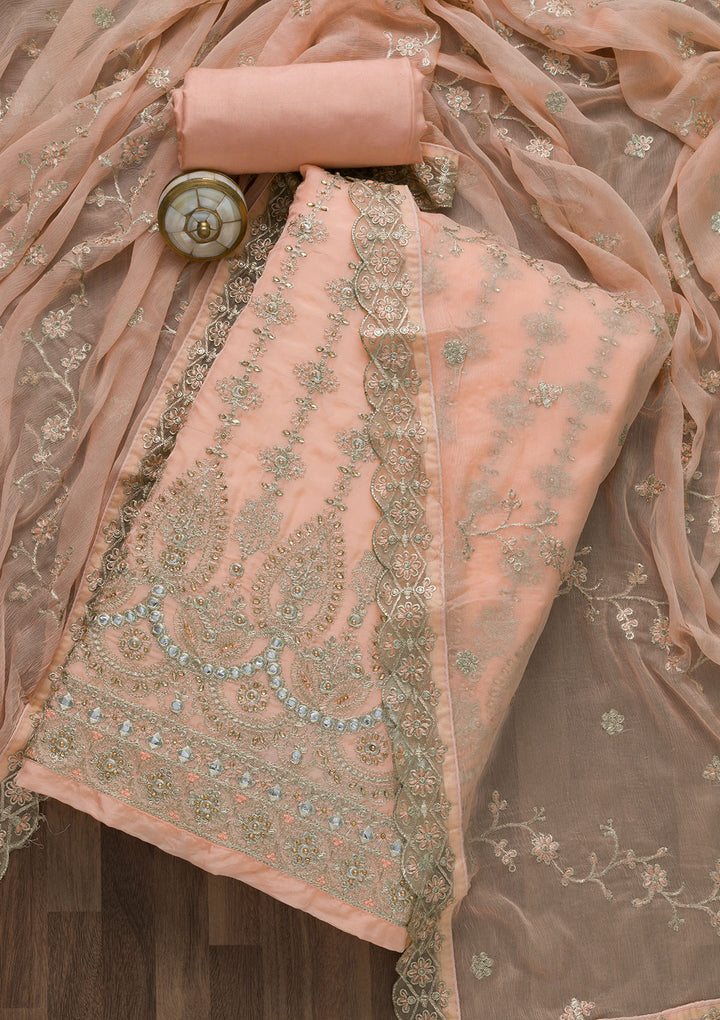 Peach Stonework Semi Crepe Unstitched Salwar Suit-Koskii