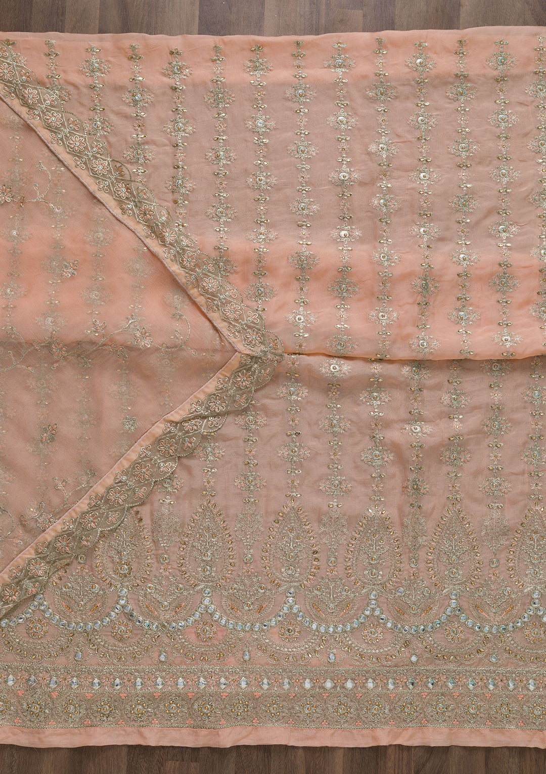 Peach Stonework Semi Crepe Unstitched Salwar Suit-Koskii