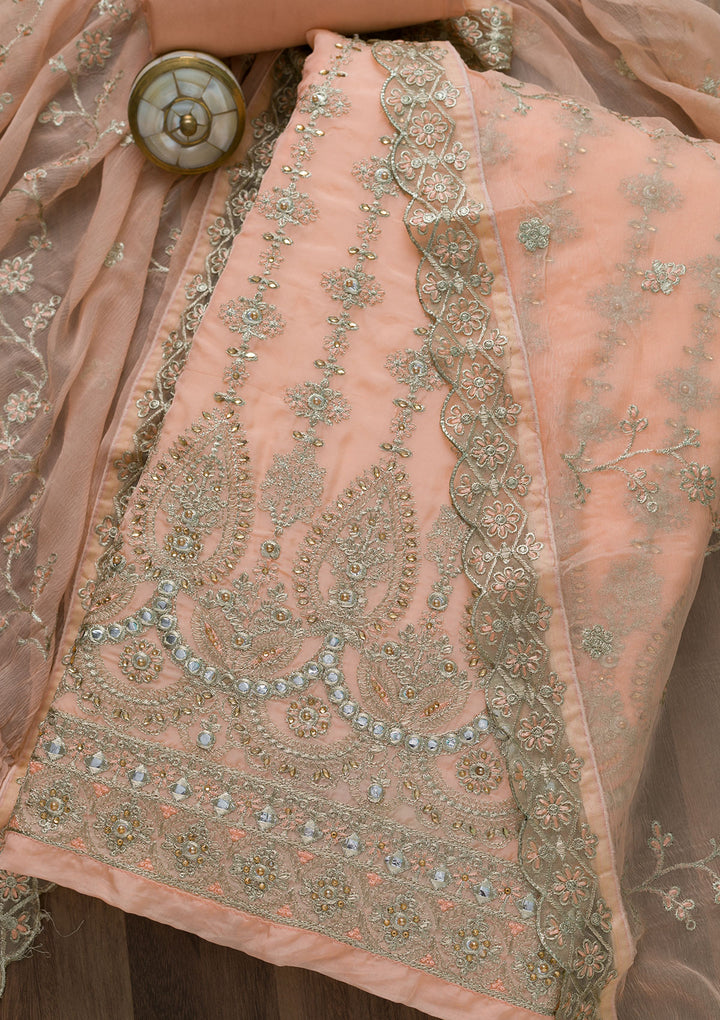 Peach Stonework Semi Crepe Unstitched Salwar Suit-Koskii