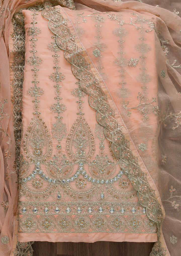 Peach Stonework Semi Crepe Unstitched Salwar Suit-Koskii