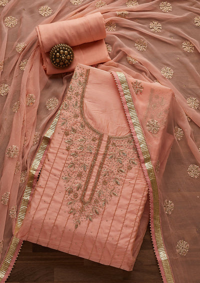 Peach Stonework Semi Crepe Designer Unstitched Salwar Suit - Koskii