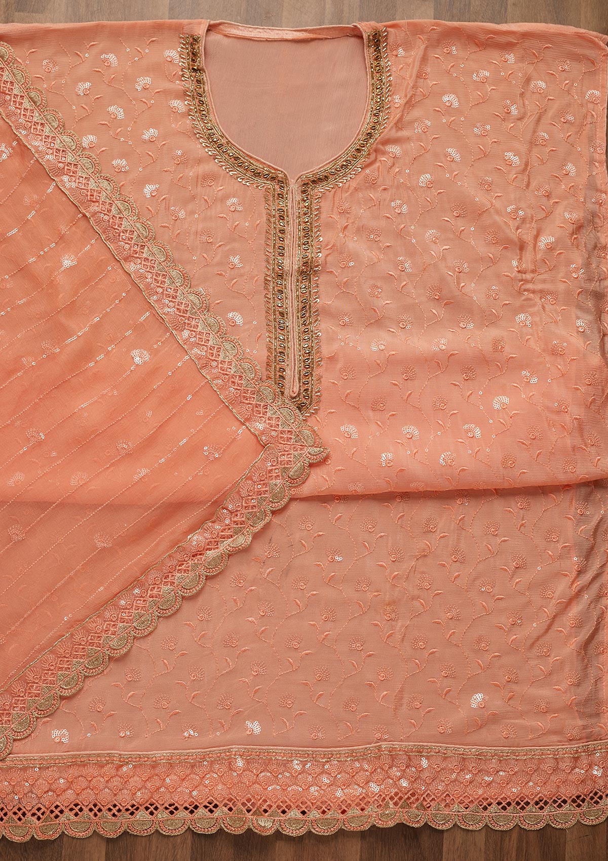 Peach Stonework Semi Crepe Unstitched Salwar Suit-Koskii