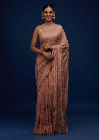 Peach Stonework Semi Crepe Designer Saree - Koskii
