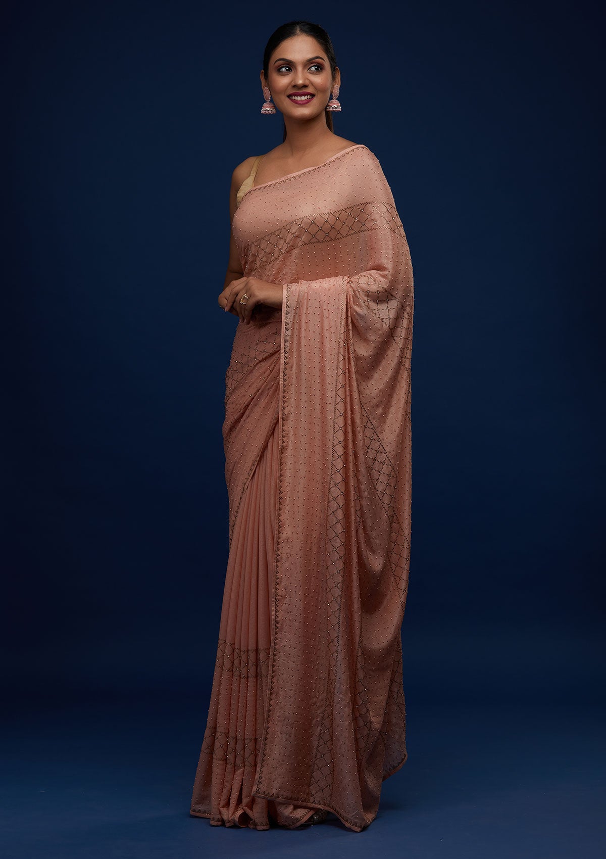 Peach Stonework Semi Crepe Designer Saree - Koskii