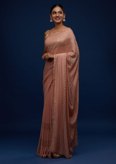 Peach Stonework Semi Crepe Designer Saree - Koskii