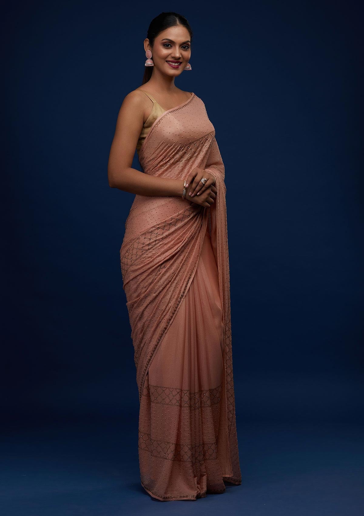 Peach Stonework Semi Crepe Designer Saree - Koskii