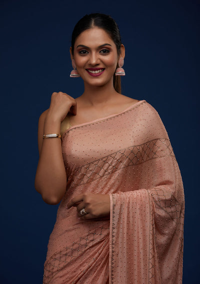 Peach Stonework Semi Crepe Designer Saree - Koskii