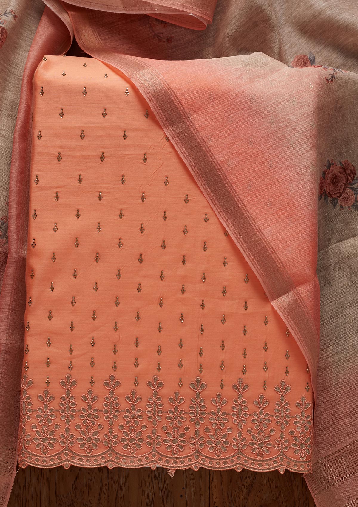 Peach Swarovski Chanderi Designer Unstitched Salwar Suit - koskii