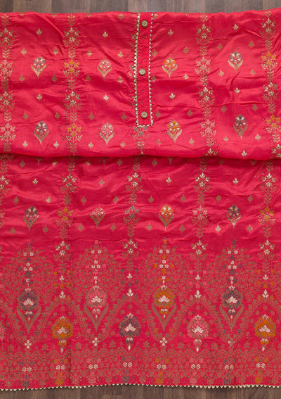 Peach Soft Silk Swarovski Unstitched Salwar Suit-Koskii