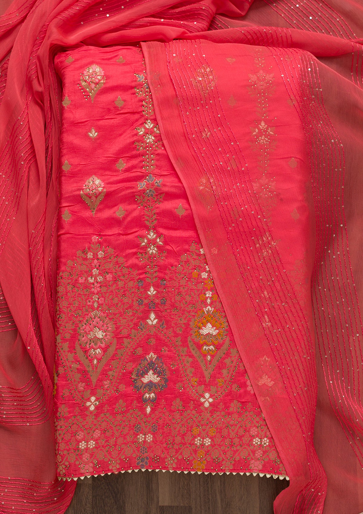 Peach Soft Silk Swarovski Unstitched Salwar Suit-Koskii
