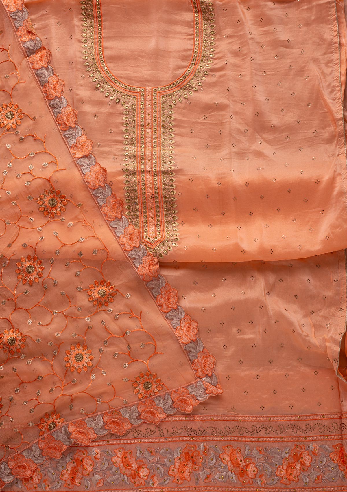 Peach Swarovski Georgette Designer Unstitched Salwar Suit - koskii