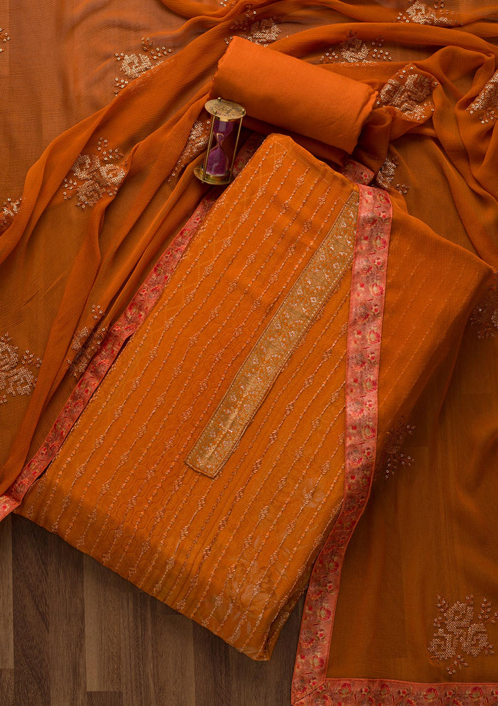 Peach Swarovski Georgette Unstitched Salwar Suit-Koskii
