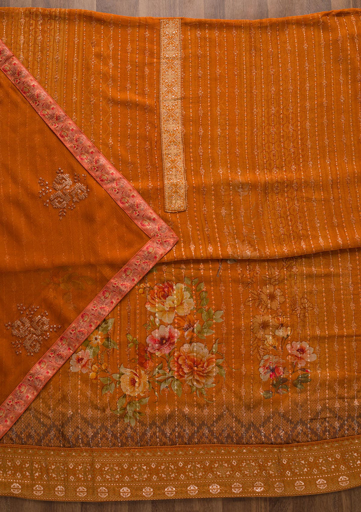 Peach Swarovski Georgette Unstitched Salwar Suit-Koskii