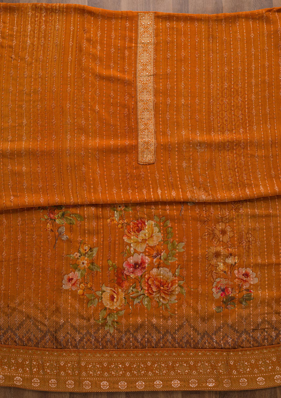 Peach Swarovski Georgette Unstitched Salwar Suit-Koskii