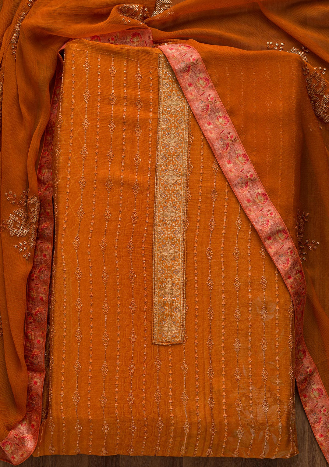 Peach Swarovski Georgette Unstitched Salwar Suit-Koskii