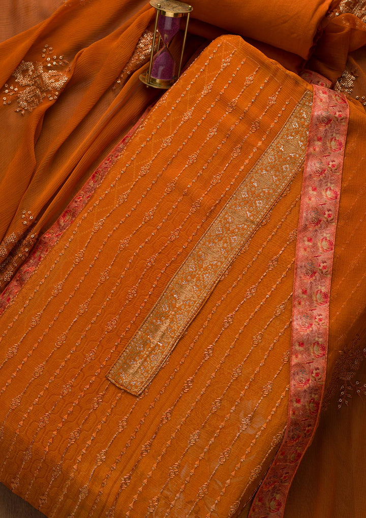 Peach Swarovski Georgette Unstitched Salwar Suit-Koskii
