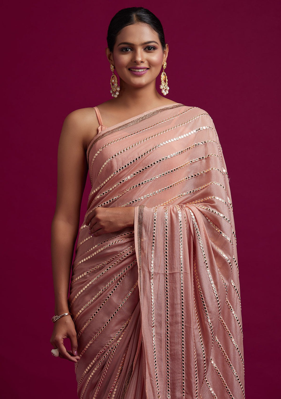 Peach Swarovski Georgette Designer Saree - koskii