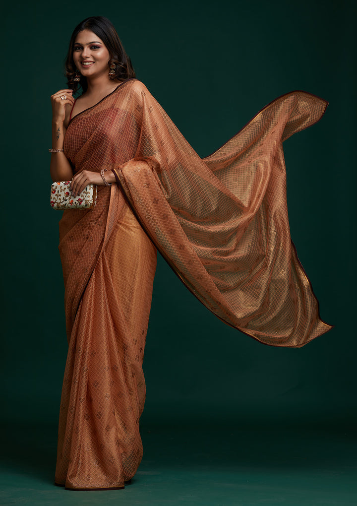 Peach Swarovski Net Saree- Koskii