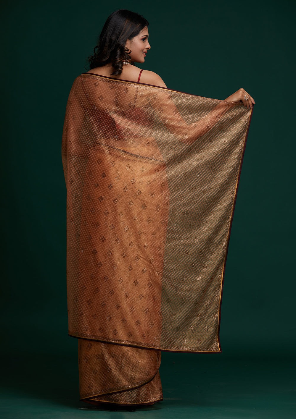 Peach Swarovski Net Saree - Koskii